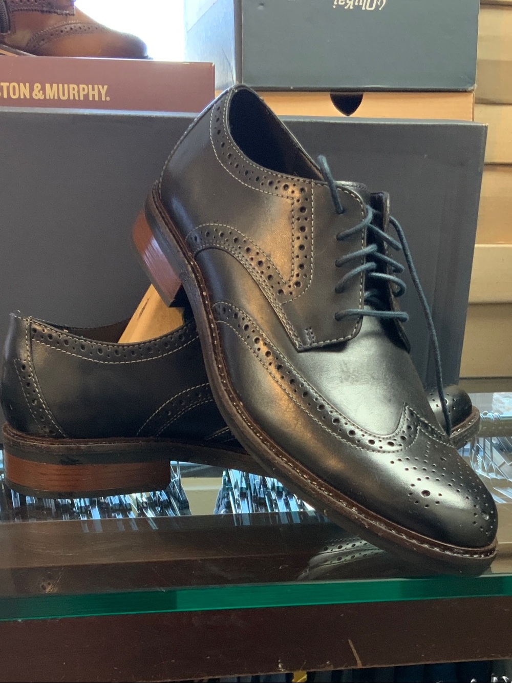 Bostonian Maxton Wing Black Leather Wingtip Brogues with Brown Stacked Heel.